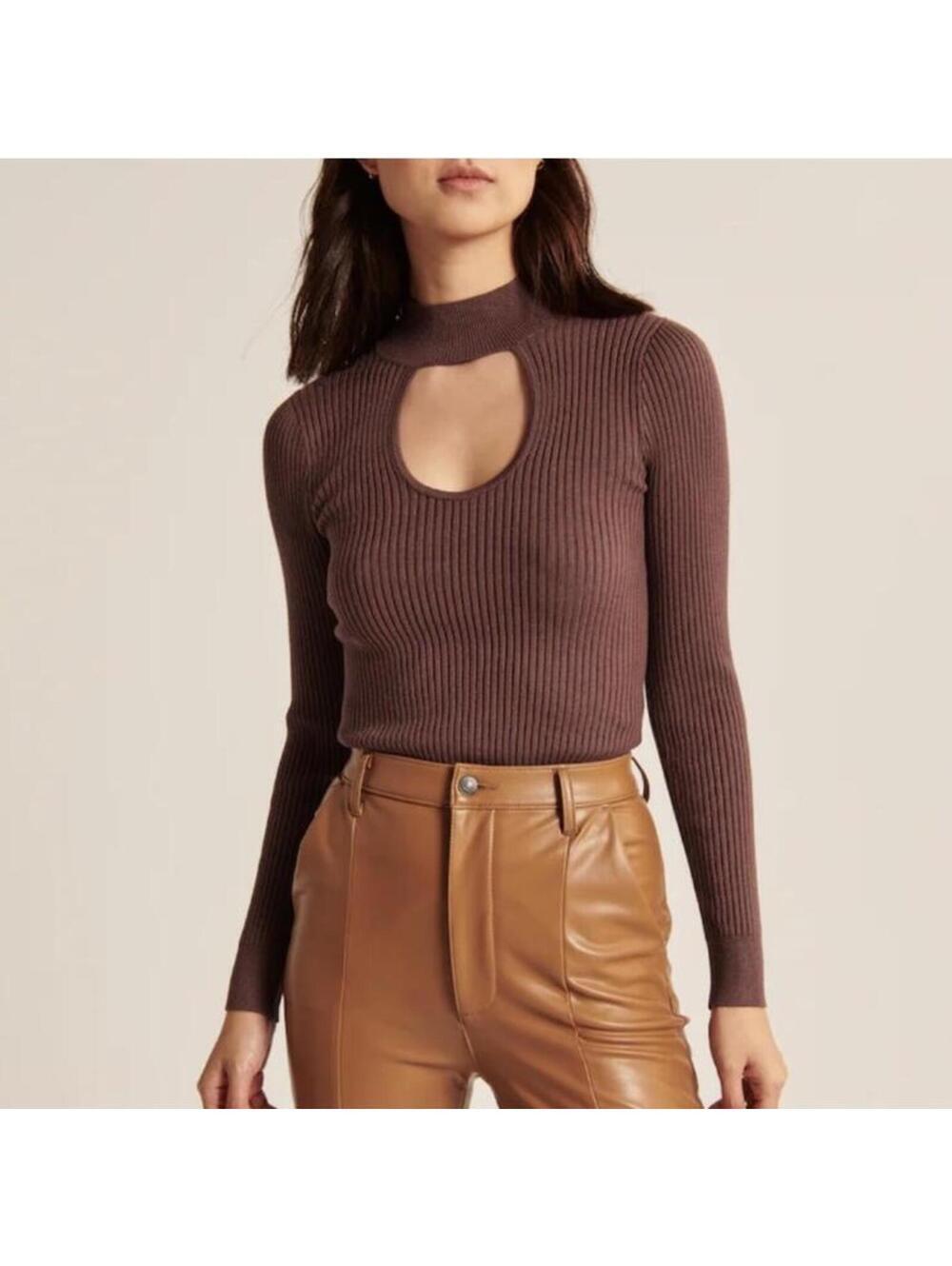 Abercrombie & Fitch Rust Brown Keyhole Mock Neck Ribbed Knit Sweater size XS